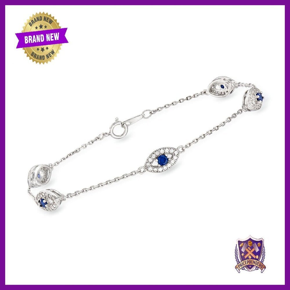 Sterling Silver Evil Eye Bracelet with CZ and Simulated Sapphire